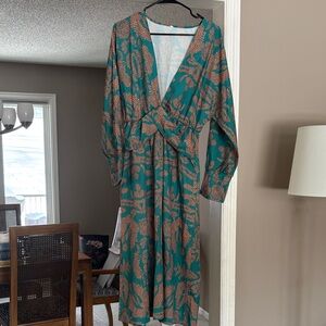 Elegant Teal and Brown Wrap Dress